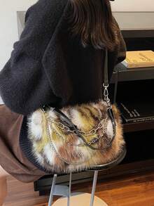1 件女士渐变圆点仿皮草单肩包带链条，时尚斜挎包，适合秋冬 - 彩色 - 查看 6