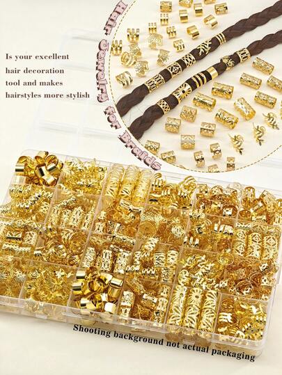 220 pezzi Elegante gioielleria per capelli in lega dorata - Anelli e braccialetti per capelli regolabili con disegni intricati, colore solido - Accessori ispirati al vintage per le acconciature di uomini e donne con dreadlock e trecce