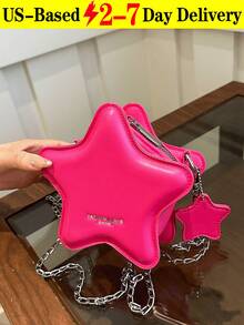 [US-Based Shipping]New Fashion Classic Cute Solid-Color PU Waterproof Fabric Alphabet Pattern Decorative Design Star-Shaped Special-Design Bag Metal Chain Crossbody Bag Perfect For Small Households To Carry While Shopping Ideal For Shopping Trips, Parties, And Gifting To Girlfriends, Besties, Or Mothers Holiday-Themed Metal Chain Fashionable Small Crossbody Bag - 玫紅色 - 查看 10