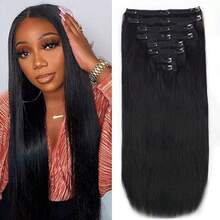 Real Human Hair Clip In Hair Extensions 8Pcs 16inch Clips In Human Hair Extension Striaght 8Pcs Double Weft Thick And Soft Natural Black 100g - Natural Black - 查看 2