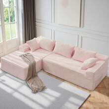 108" Sectional Couches For Living Room, Modular Sectional Sofa With L-Shape Chaise, Cloud Couch Sectional, Comfy Corduroy Fluffy Couch With Deep Seat And Side Pockets, No Assembly Required - Hồng - Xem 3
