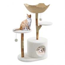 Wooden Cat Tree, Play Tower With Sisal Scratching Posts, Cat House, Perch On Top, Plush Jumping Platform, Play Ball, Sturdy Cat Activity Center For House Cats And Kittens - 白色-B - 查看 12