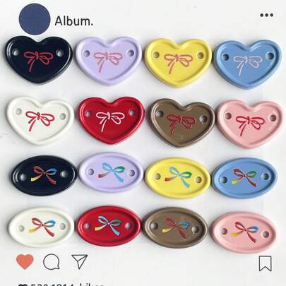 Vintage Colorful Bow Print Double Hole Button, Cute Oval Heart Shaped Clothing Decor Button Accessory, Hair Clip Hair Tie Hair Accessory DIY Decor Button, Socks Clothes Scarf Gloves DIY Small Tag Accessory, Bag Pencil Box DIY Decor Accessory, Knitted Item DIY Decor