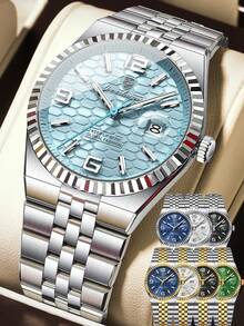 POEDAGAR 1pc Fashionable Stainless Steel Quartz Men's Wristwatch, Unique Textured Round Dial, Casual Waterproof Luminous Men's Watch, Luxury Men's Watch Suitable For Business Occasions, Men's Holiday Gift