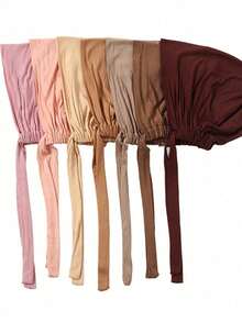 1pc Women's Fashionable Solid Color Elastic Drawstring Hooded Headscarf, Suitable For Daily Wear - Skin Powder - View 5