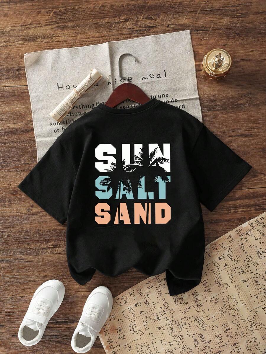 Tween Mädchen Casual Fun Print Rundhals Pullover Kurzarm T-Shirt für den Sommer - Schwarz - Übersicht 1