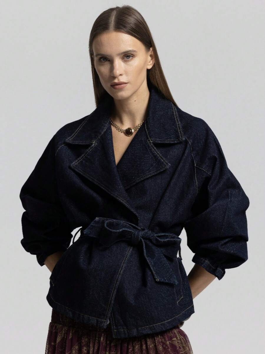 Women's Casual Plain Denim Top With Lapel Neck Long Raglan Sleeves Belted And Pockets - Navy Blue - View 1