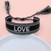 1 pieza Pulsera trenzada con borlas, bordada a mano con carta de amor, estilo bohemio - Negro - Ver 4