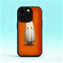 Cubierta de teléfono con diseño de fantasma kawaii, color naranja, estampado de fantasma blanco con ojos grandes y mejillas rosadas, ideal para Halloween y amantes de lo divertido Para la colección de manzanas Galaxy s25 - Negro - Ver 2