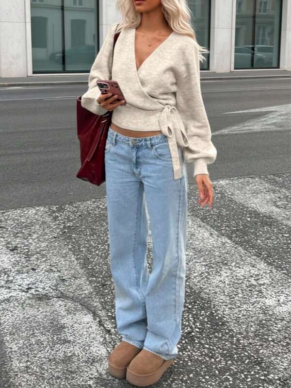 2025 Autumn/Winter Wrap Tie Knit Sweater, White, Women's Essential For Home, Commute, Date, Travel, Suitable For Various Occasions, Light Gray