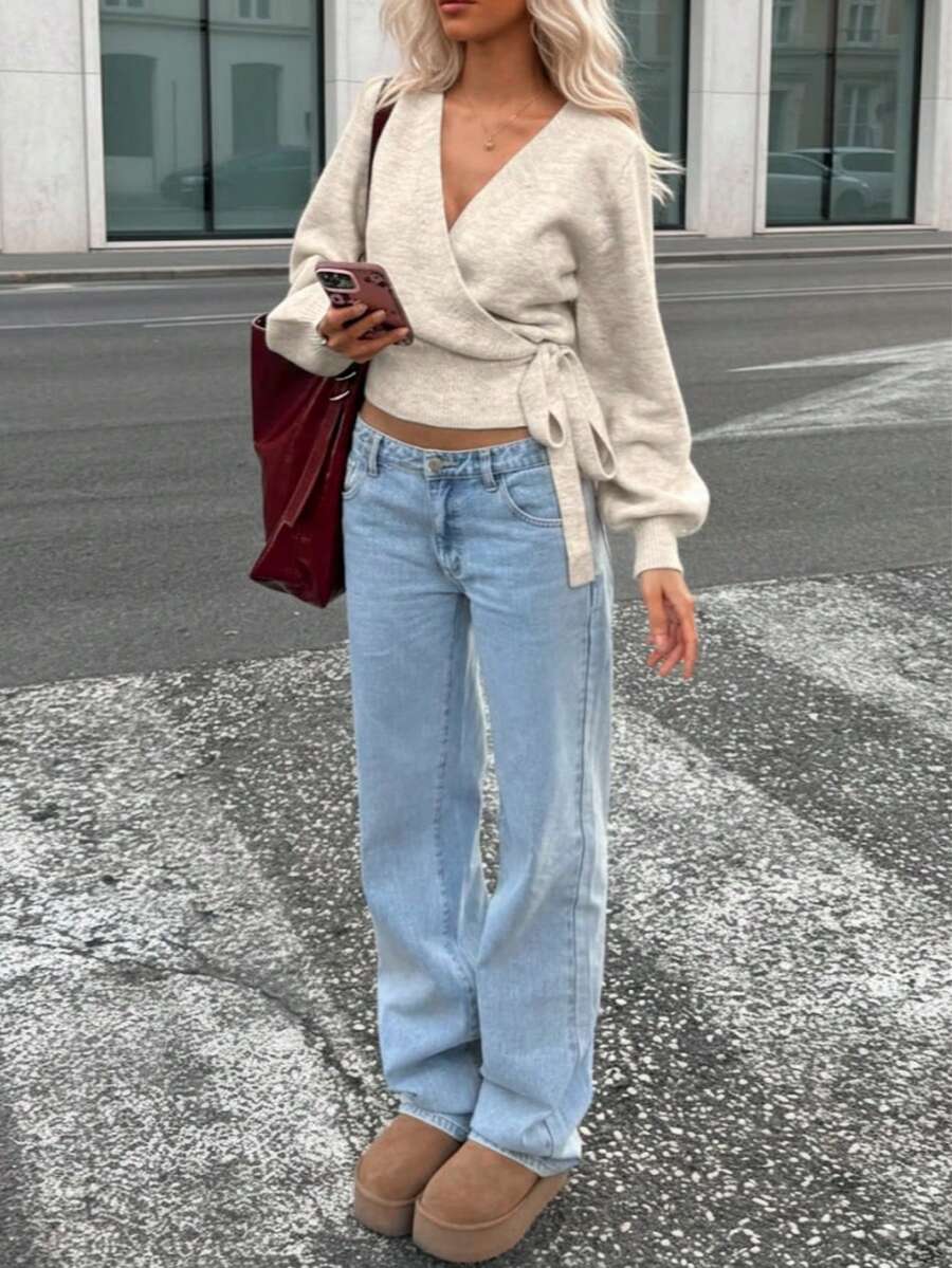 2025 Autumn/Winter Wrap Tie Knit Sweater, White, Women's Essential For Home, Commute, Date, Travel, Suitable For Various Occasions, Light Gray