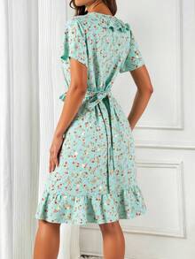 Vestido midi bohemio elegante con estampado floral rosa para mujer, escote en V, volantes, mangas cortas y dobladillo cruzado, tejido ligeramente elástico, corte A para verano. - Verde - Ver 3