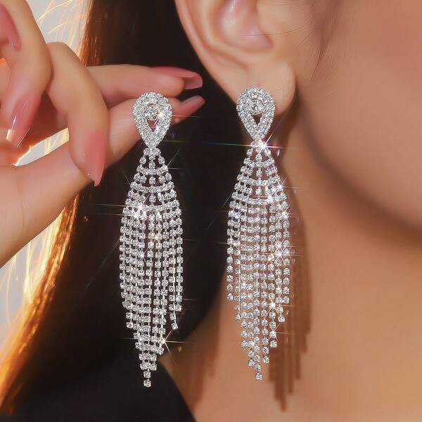 1 Pair Of Elegant Dangle Earrings Sparkling Tassel Design Paved Rhinestone Golden Or Silvery Pick A Color U Prefer Wedding Jewelry