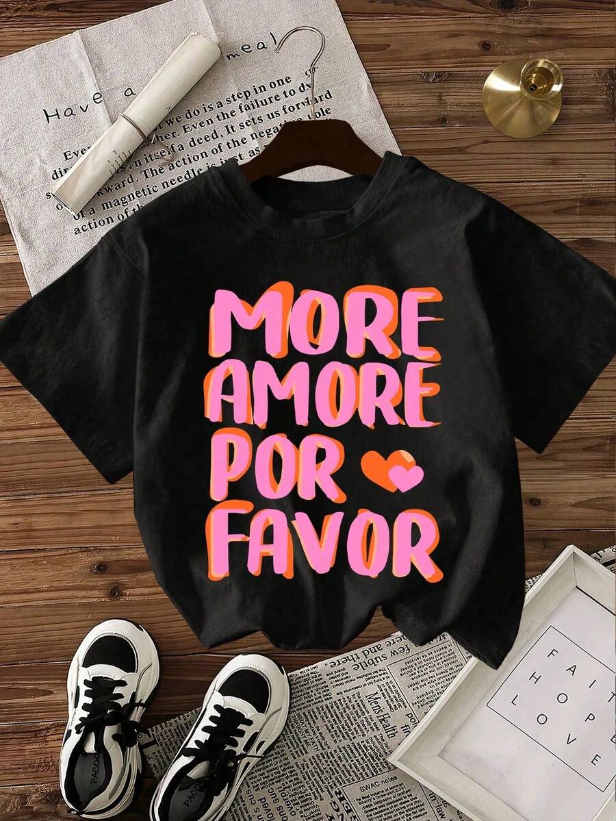 Camiseta de mujer de manga corta con cuello redondo, estampado de letras y corazones, para verano - Negro - Ver 1