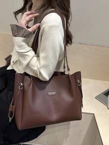 纯色大容量标签设计单肩包，经典百搭实用通勤女士手提包，适合逛街、钱包、购物、年轻女性、大学生、新人、白领人士。非常适合办公室、大学、工作、商务、通勤、户外活动、旅行和郊游 - 咖啡 - 查看 5