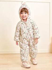 Balabala BalaOne Baby Down Jumpsuit, 2025 Winter, Cute Warm Hooded Snowsuit - White and Red - View 2