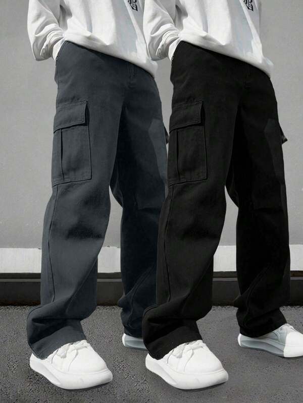 2 piezas/Set Pantalones cargo de unicolor de ajuste delgado y de estilo casual para hombres, adecuados para primavera/verano, viajes diarios, entrenamiento deportivo, senderismo al aire libre, estilo casual suelto para fitness, trotar, ropa de calle, corte recto, ropa de otoño