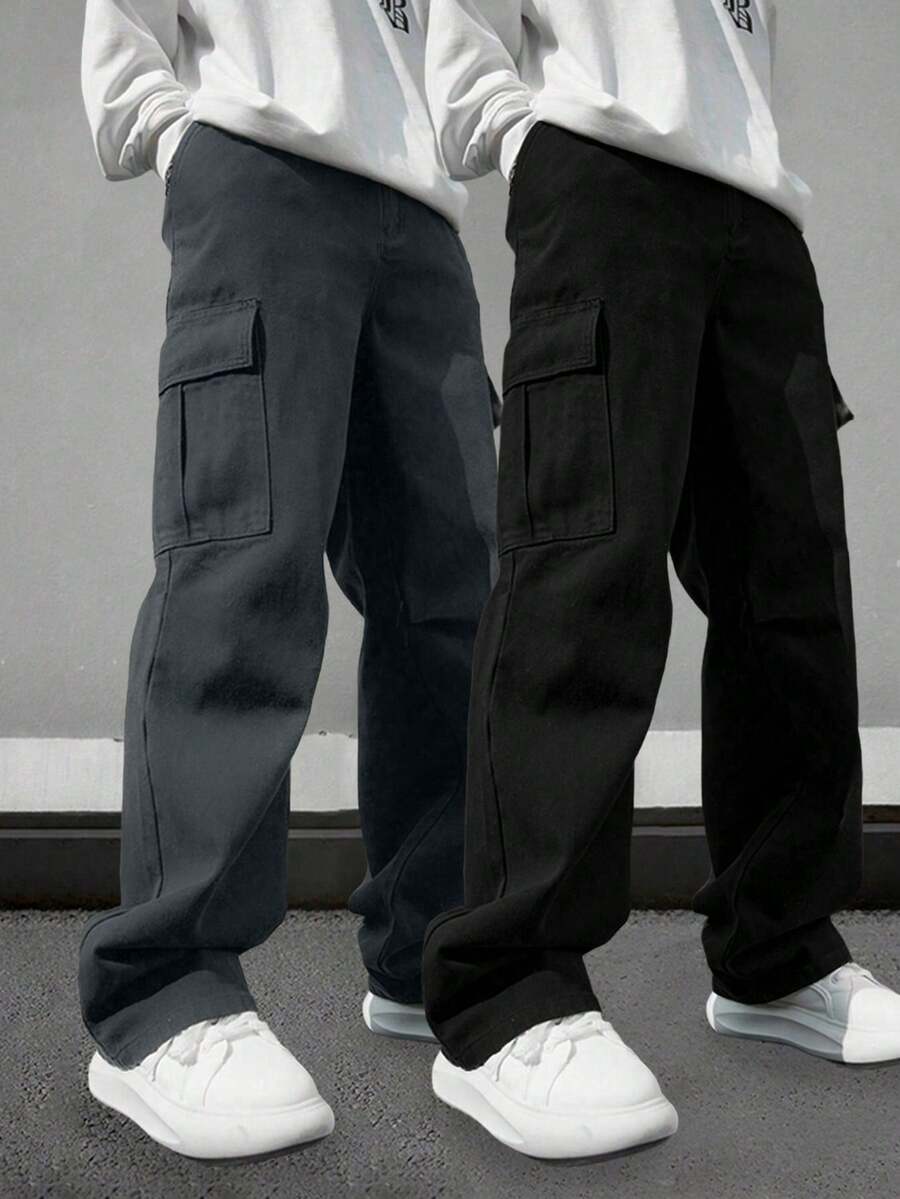 2 piezas/Set Pantalones cargo de unicolor de ajuste delgado y de estilo casual para hombres, adecuados para primavera/verano, viajes diarios, entrenamiento deportivo, senderismo al aire libre, estilo casual suelto para fitness, trotar, ropa de calle, corte recto, ropa de otoño