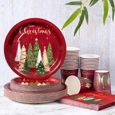 Conjunto de Utensílios Descartáveis com Tema de Natal, Bottom Vermelho Árvore de Natal, Pratos de Papel Descartáveis de 7"/9", Guardanapos, Copos para Festa, Pratos, Copos, Guardanapos Descartáveis para Aniversário Feliz, Decorações de Festa, Festa Descartável, Reunião de Festa de Aniversário, Festa de Presente, Decorações de Celebração