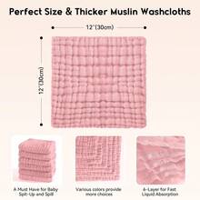 12pcs 20"X12"/12x12 Inches Burp Cloths Baby Muslin Washcloths -100% Cotton Muslin Soft Absorbent Large Baby Drool Towel/Baby Burp Towel/Baby Bath Wash Cloths For Newborns Kids Girls And Boys -12 Pack, 12x12 Inches - White+Light Bean Paste Series,Burp Cloths Baby Girl - 彩色 - 查看 4