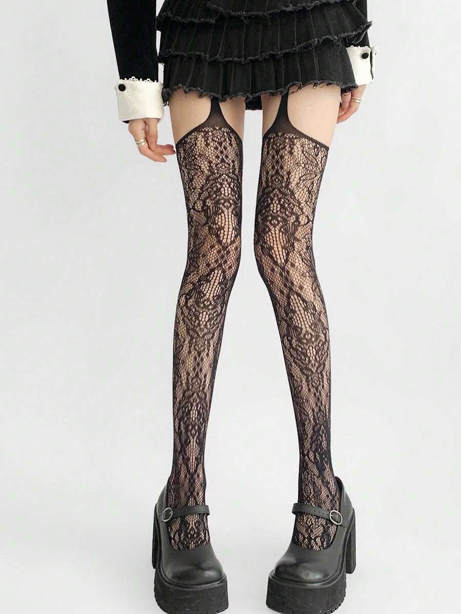 1 Pair Women's Sexy Dark Gothic Spider Web Jacquard Fishnet Pantyhose, Suitable For Halloween - 黑色 - 查看 1