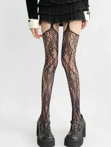 1 Pair Women's Sexy Dark Gothic Spider Web Jacquard Fishnet Pantyhose, Suitable For Halloween - 黑色 - 查看 5