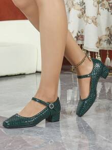 Giày công sở đế mềm mũi vuông đính đá Rhinestone thoải mái cho nữ - màu xanh lá - Xem 5