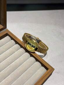 1 件酒桶形钻石镶嵌路浮雕金色表盘石英表，适合女士，时尚，适合日常佩戴，生日，派对，波西米亚风格，适合日常佩戴 - 金色 - 查看 5