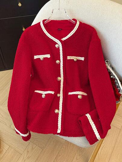 Latest Colorblock Faux Fur Pocket Front Button Double-Breasted Blazer Jacket, Suitable For School, Daily Wear, Travel, Airport Outfit, Autumn/Winter