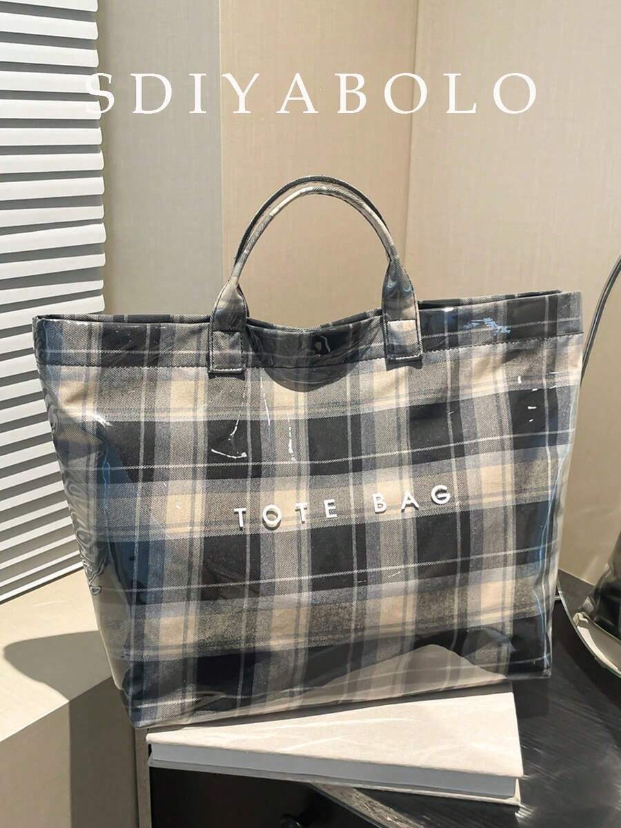 Fashionable College Style Large Capacity Tote Bag - Lightweight PVC And Kraft Paper Material, Hook And Loop Closure, Stylish Choice For Women - Black - View 1