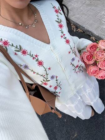 Cárdigan casual de mujer con bordado floral, otoño