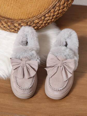 [Autumn/Winter Warmth Essentials] Thermal-Lined Bowknot Slip-On Shoes, Faux Fur Slouchy Shoes, European & American Style Plus Size Women Shoes, Comfortable Versatile Warm Footwear