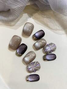 10片装紫色和灰色短款猫眼不对称金线树脂花朵美甲贴纸套装，包含1张贴纸和1个迷你指甲锉 - 彩色 - 查看 3