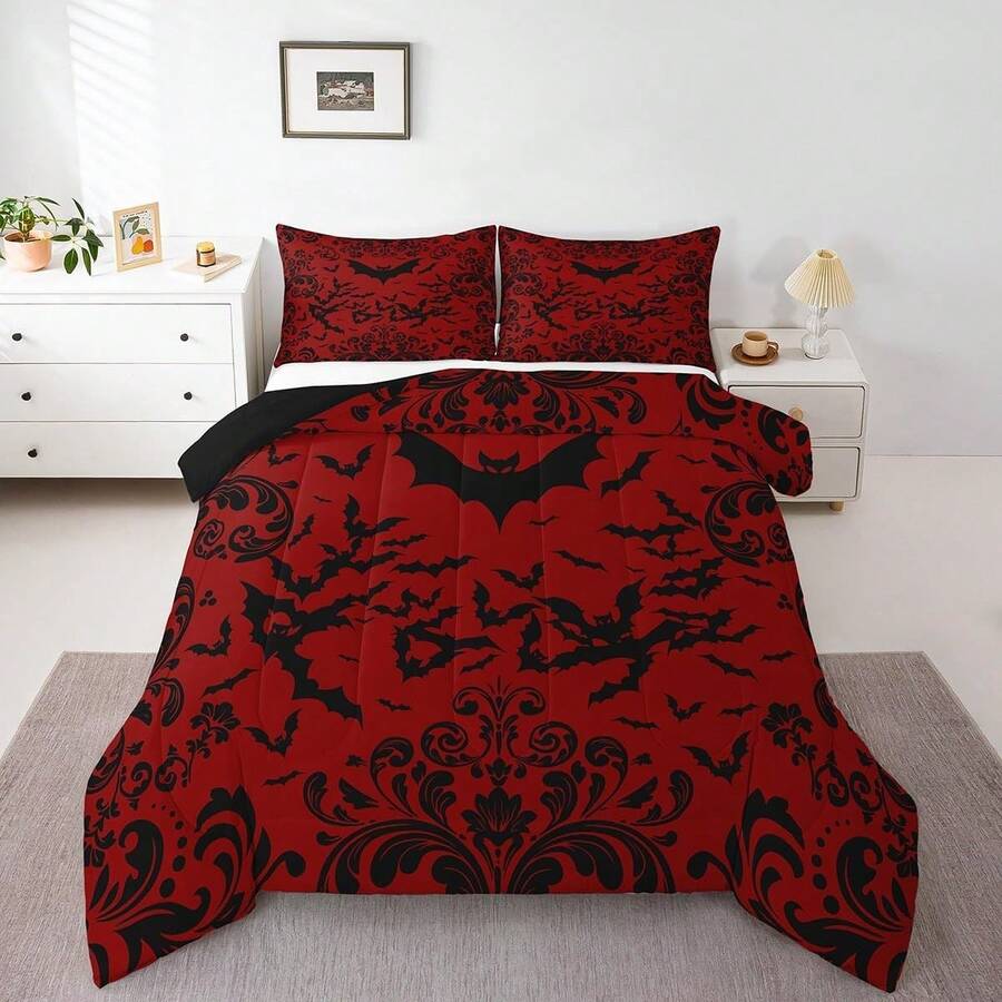 Erosebridal Halloween Bat Bedding Set, Red Black Gothic Comforter Set, Goth Damask Bats Bedding Comforter Sets, Halloween Animal Bed Set  - Soft Comfortable Microfiber, Festival Present - 紅色黑色 - 查看 1