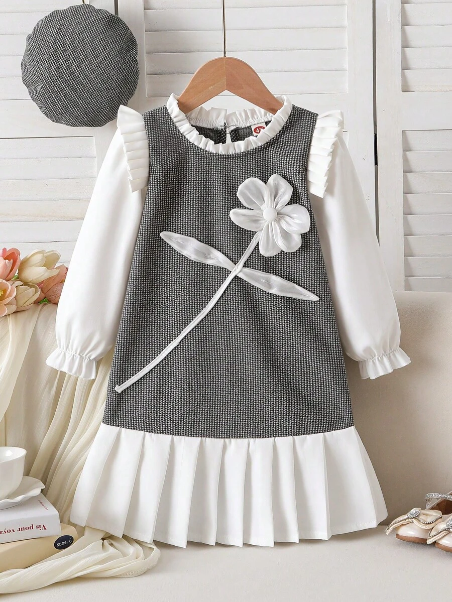 Young Girl' Fashionable Cute Floral Dress + Adorable Hat Set - Grey - View 1