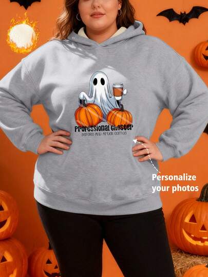 Customized Plus Size Women's Fleece Hoodie For Autumn/Winter, Add Your Own Image, Text/Message/Signature/Holiday & Birthday Wishes/Name Printing, Customize For Christmas (Family Photo/Selfie/Pet Photo/Friend Photo/Party Photo)