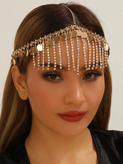 1pc Fashionable Gold Disc Sequin Rhinestone Tassel Headchain Hair Accessory, Headpiece