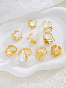 9pcs/Set Fashion Minimalist Elegant Delicate Vintage Design Geometric Strap Asymmetrical Ruffle Texture Faux Pearl Bow Smooth Minimalist Plain Circle Hollow Design Exaggerated Wide Band Ring Set, Suitable For Holiday, Party, Date, Gift, Daily Wear