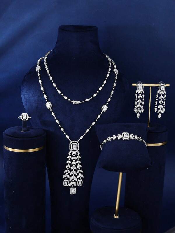 4pcs Silver Minimalist Cubic Zirconia Jewelry Set Including Necklace, Earrings, Bracelet, Open Ring, Suitable For Women's Daily And Party Wear