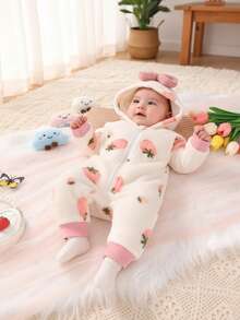 Casual Elegant Sweet Cute Baby Girl Clothes, Strawberry Print Bow Decor Fleece Hooded Zipper Front Jumpsuit, Soft & Comfortable Infant/Toddler Girl Outfit, Suitable For Daily, Vacation, Party, Outdoor - Multicolor - View 3