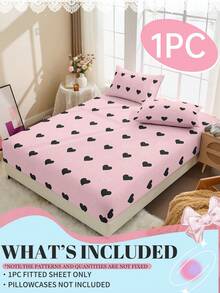 1 buc. Cearșaf cu elastic, lenjerie de pat, cearșafuri cu elastic, protecție pentru saltea, husă de pat, cearșaf de pat, decorațiune pentru casă, textil confortabil pentru casă, protecție pentru saltea respirabilă și anti-scărpaturi, moale și prietenoasă cu pielea, lenjerie de pat moale și confortabilă pentru dormitor, husă de saltea la modă, perna și fața de pernă nu sunt incluse, cearșaf cu elastic cu model de inimă roz și negru, Oeko-Tex
