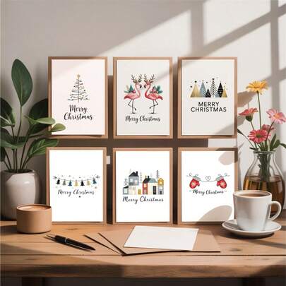 24张简约清新圣诞贺卡（含信封）：圣诞树、火烈鸟、小镇等创意元素，传递“优雅文艺的圣诞”氛围，适合艺术爱好者的圣诞祝福、豪宅圣诞装饰、创意节日互动
