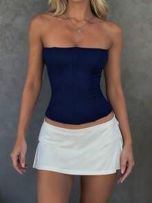 WOWDARK 藏蓝色纯色网纱腰带休闲上衣，适合狂欢节、约会、聚会、派对、旅行、度假、海滩等场合。 - 藏蓝色 - 查看 10