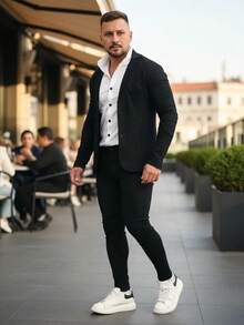 Men's Set Blazer Pants Slim Suit Formal Fashion - Black - View 2