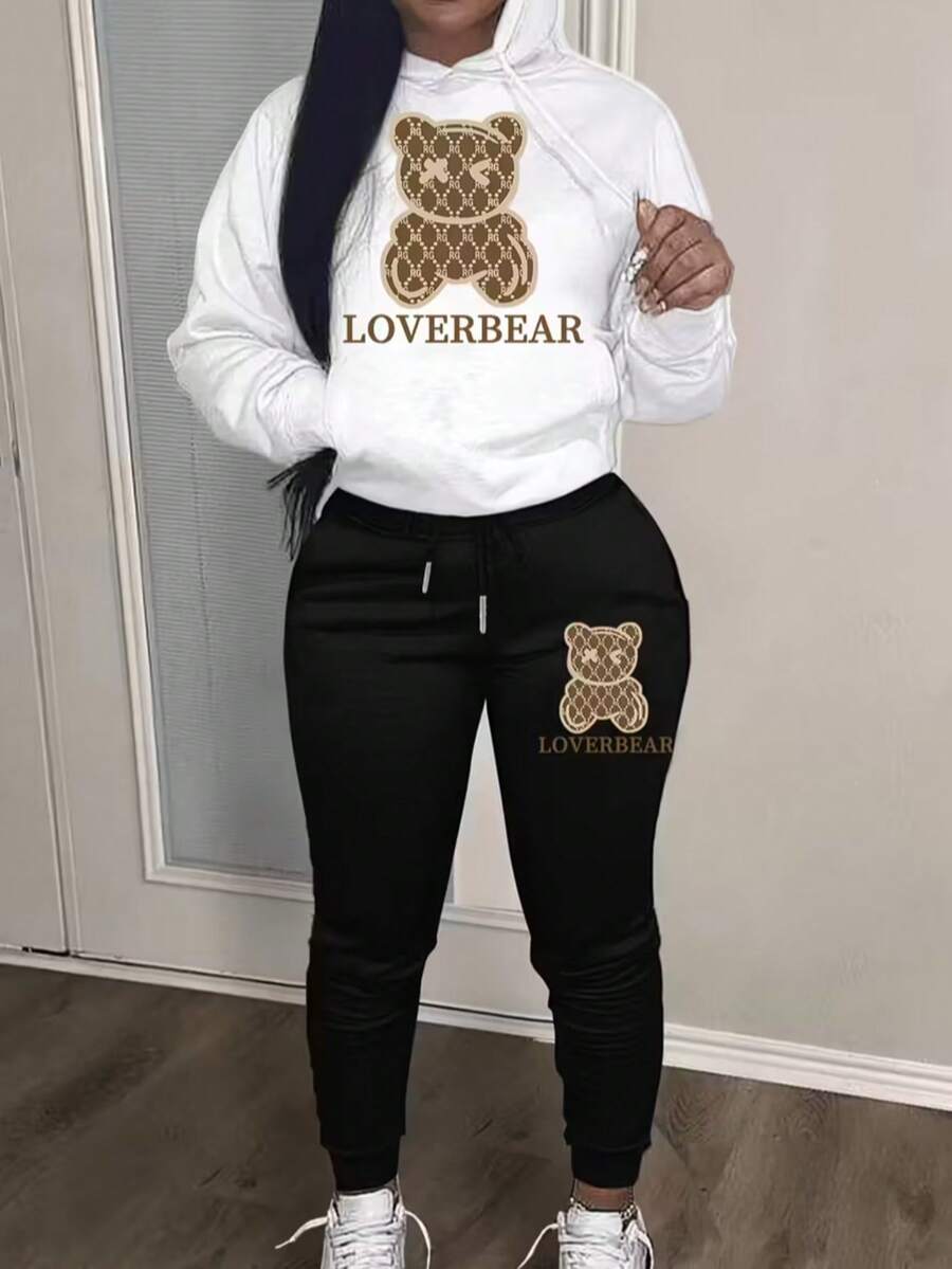 Conjunto set 2 piezas dama mujer casual sudadera cuello redondo gráfico pecho pants jogger cintura elástica ajustable cordones cómodo calientito otoño invierno moderno estampado oso osito teddy monograma letras love bear - Blanco y Negro - Ver 1