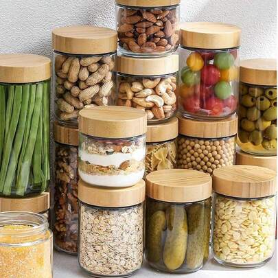 1 件玻璃罐、带盖隔夜燕麦容器、厨房玻璃罐、带盖燕麦容器、带木盖玻璃储物容器密封食品罐、玻璃杯、食品储存容器、调味罐、燕麦杯、酸奶杯、早餐杯、谷物罐、沙拉杯、可放入洗碗机、用于酸奶、沙拉和谷物