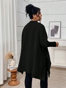 Plus Size Women Casual Warm Knitted Cardigan Sweater, Autumn/Winter Black Spring - Black - View 2