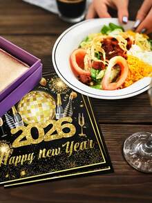 20张/5张 2026新年花环香槟餐巾纸，新年快乐派对用品，黑色和金色，双层一次性纸巾，适用于圣诞节、新年派对装饰、节日装饰、餐桌装饰、餐厅装饰、婚礼和庆祝活动。 - 彩色 - 查看 3