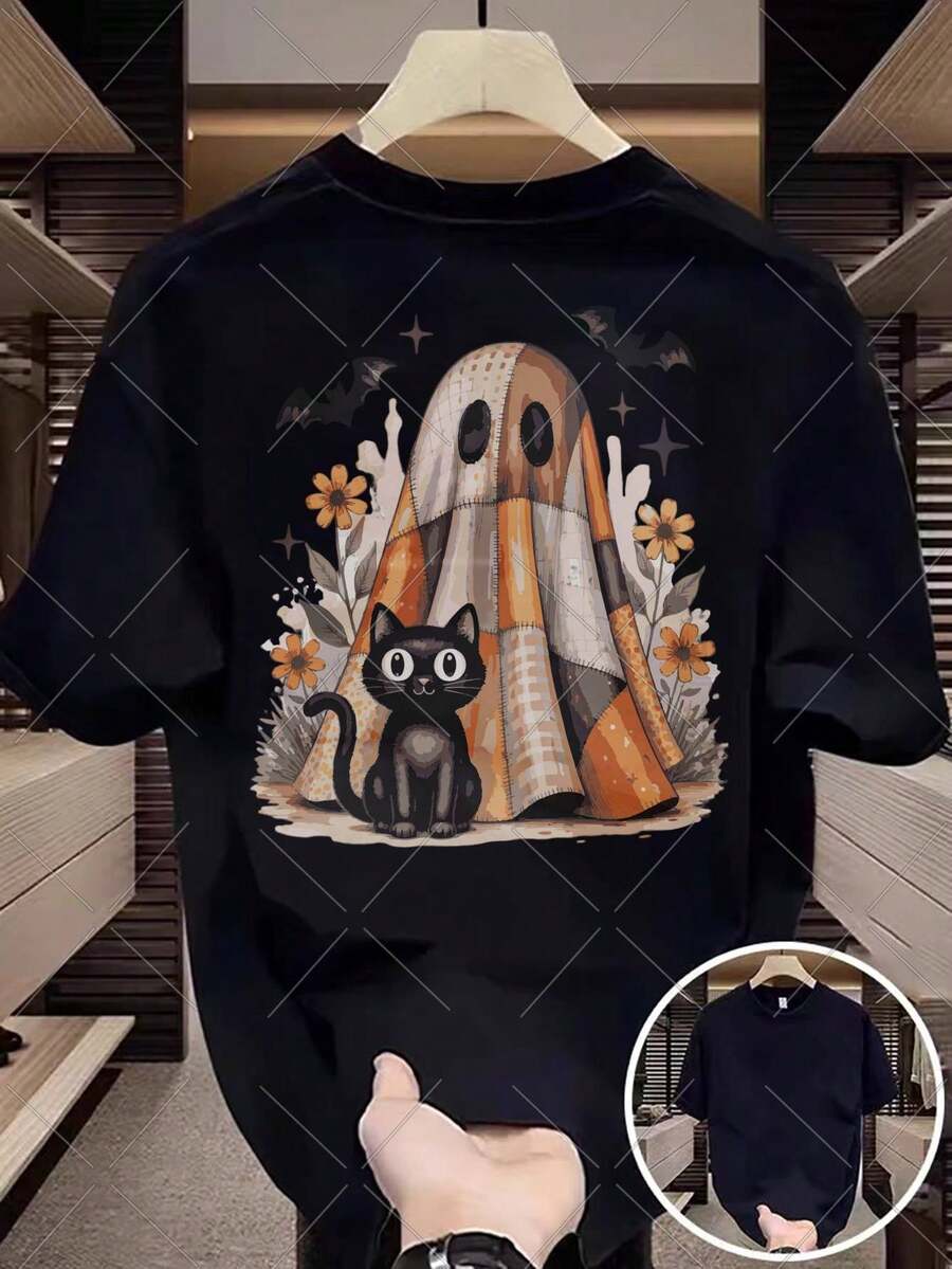 Camiseta Unisex de Algodón 100% Elástica en - Estampado de Gato Kawaii y Personaje de Anime, Manga Corta Suave y Transpirable, Estilo Retro Hip Hop para Halloween, Uso Diario, Tallas Unisex (Consejos de Tallas)