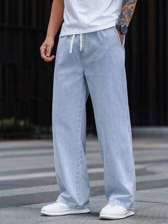 宽松直筒牛仔裤，时尚水洗棉质牛仔布，男士休闲直筒阔腿松紧腰牛仔裤，情侣款礼物